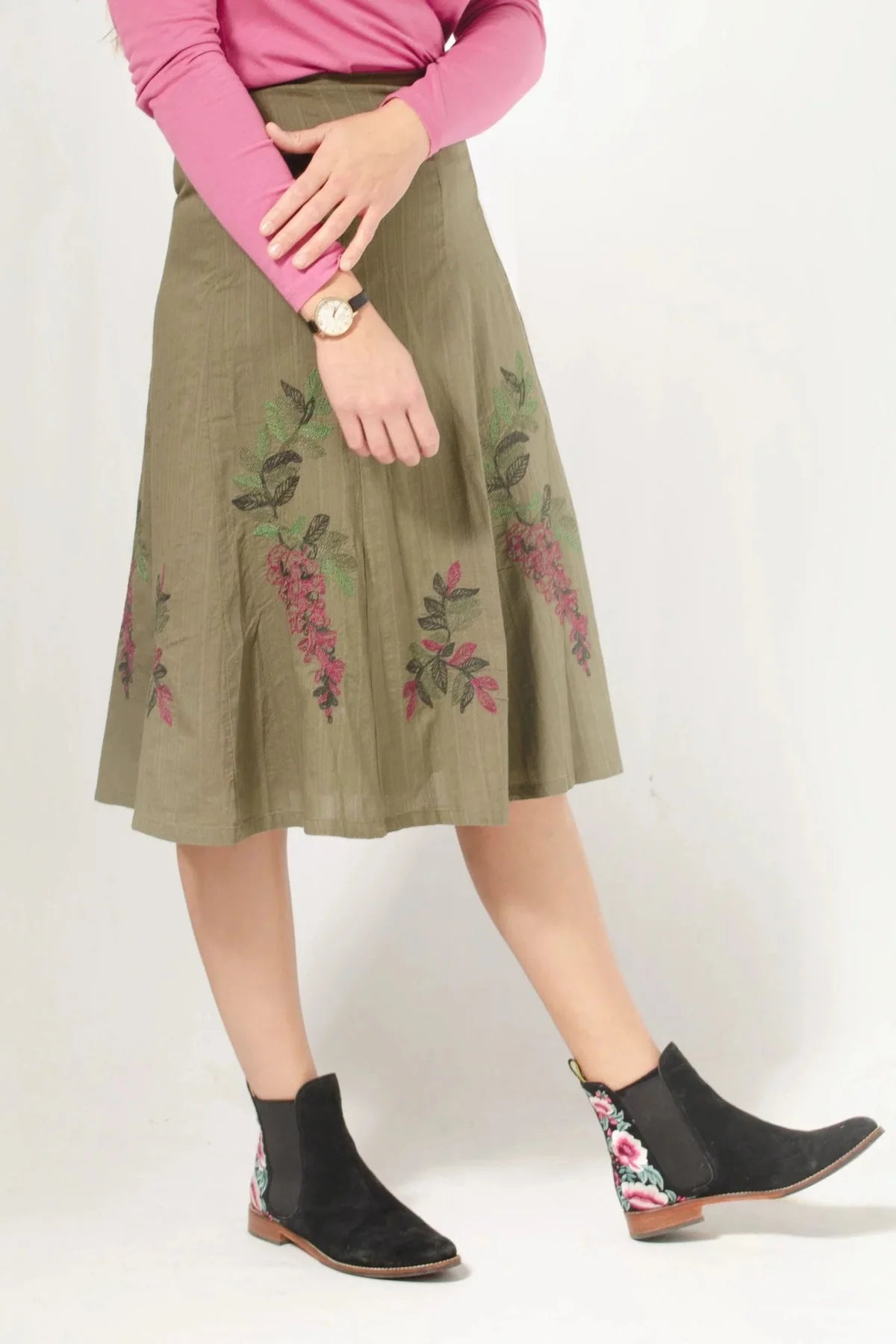 Laura Ashley Floral Midi Embroidered Skirt Khaki / 8