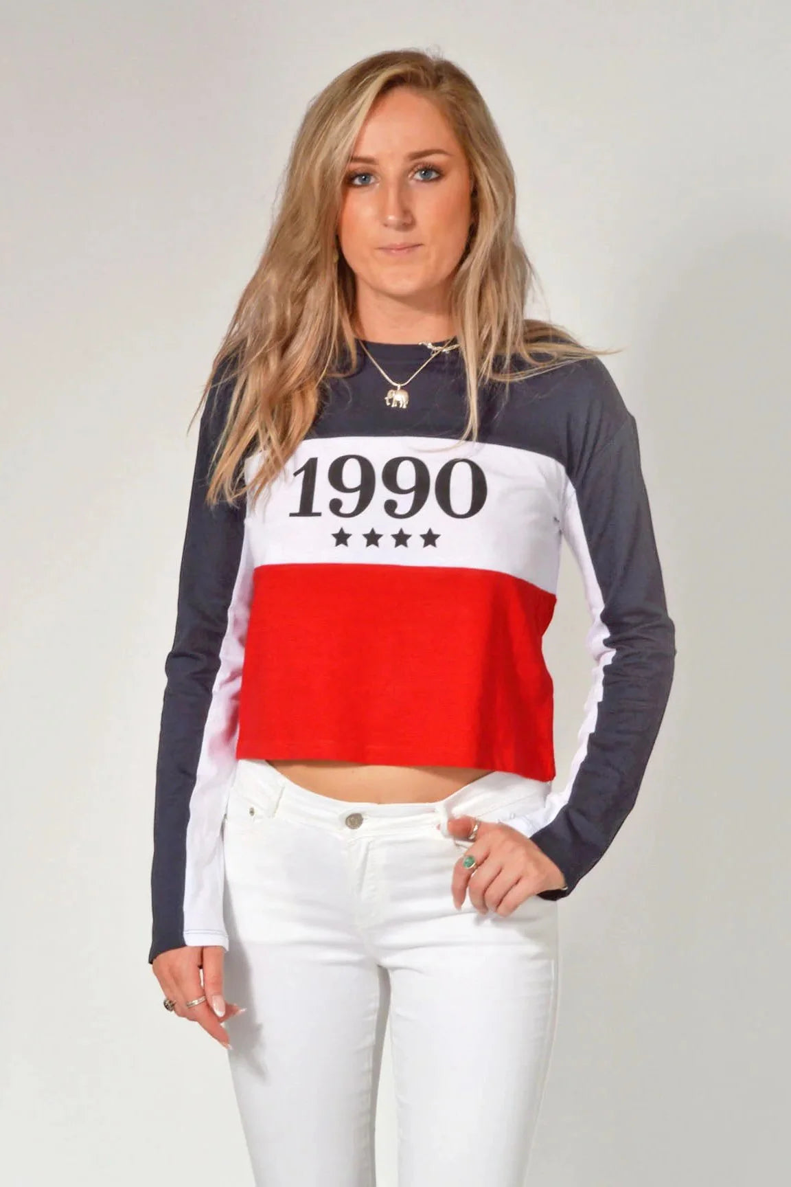 H&M Long Sleeve Crop Top Red/White/Navy / XS