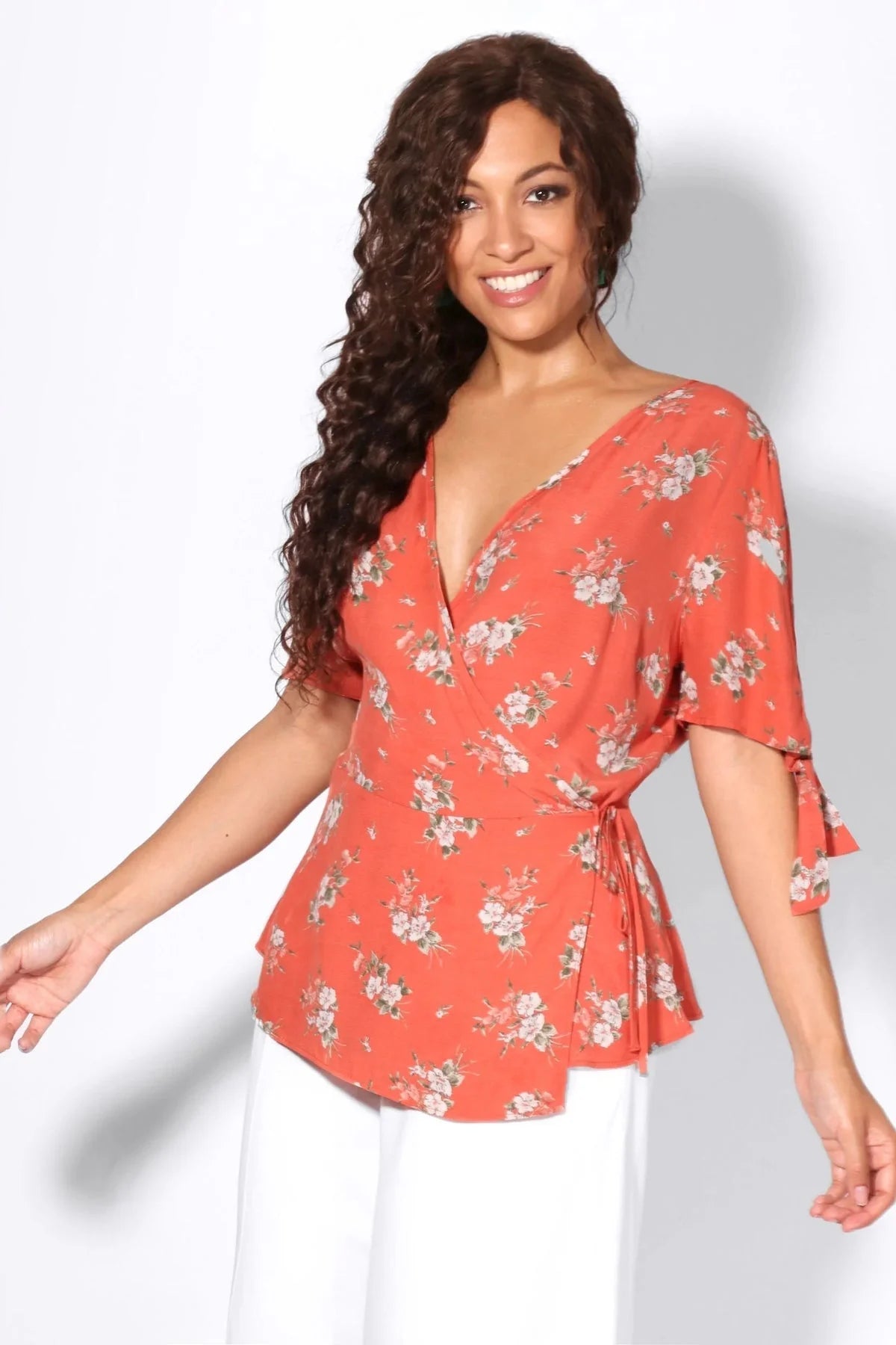 New Look Tie Sleeve Floral Wrap Blouse Coral / 12