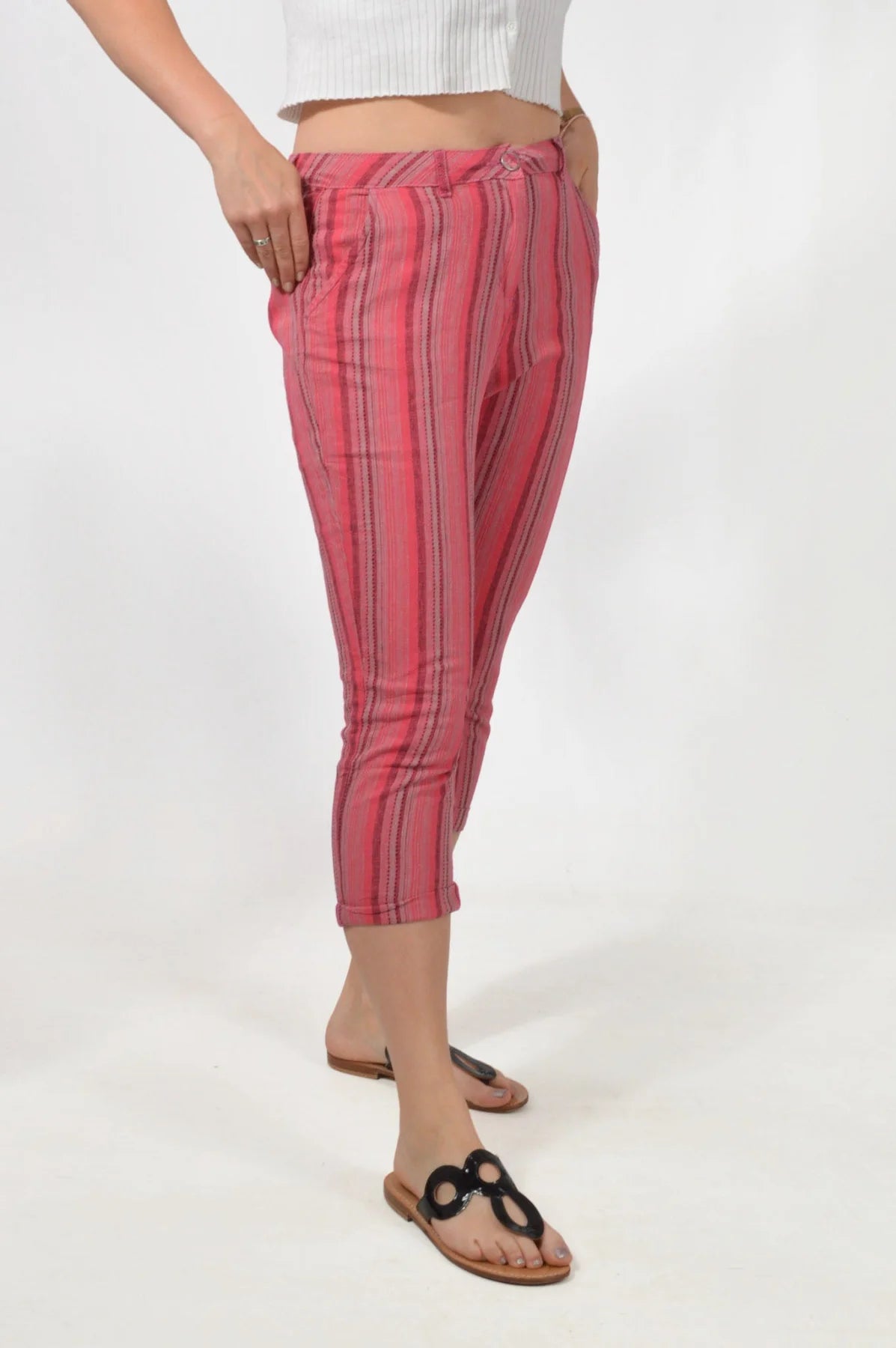 Bon Marche Striped Linen Blend Crop Trouser Pink / 10