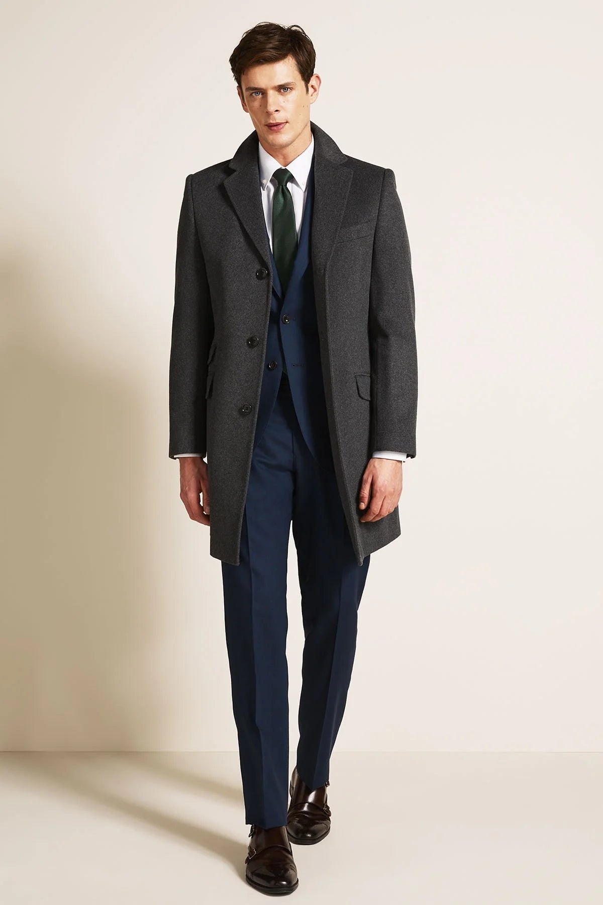 Moss Bros Wool Tailored Overcoat Grey / 36 / Short