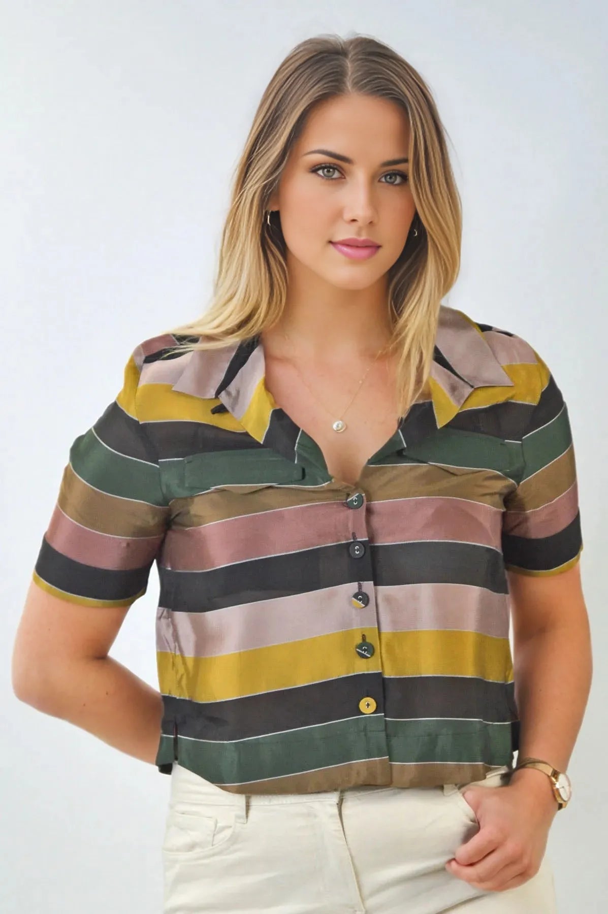 M&S Multicolour Striped Boxy Shirt Autumn Mix / 6