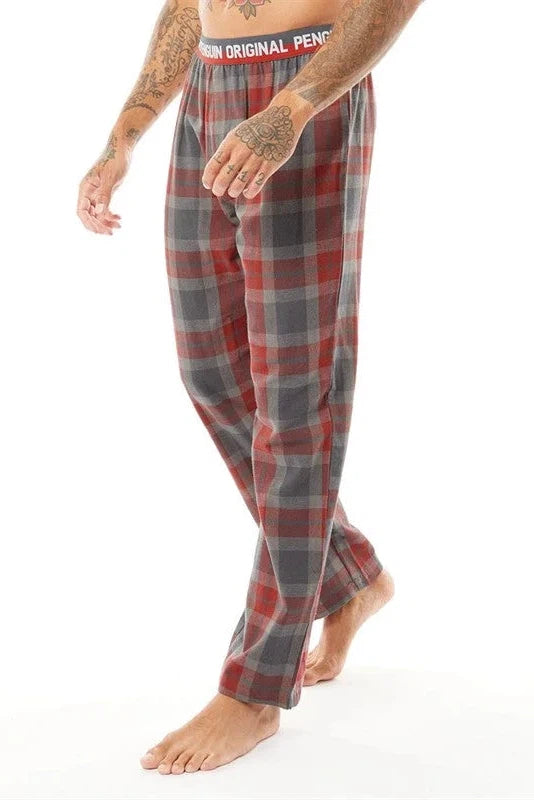 Penguin Cotton Check Pyjama Lounge Pants Grey/Red / L