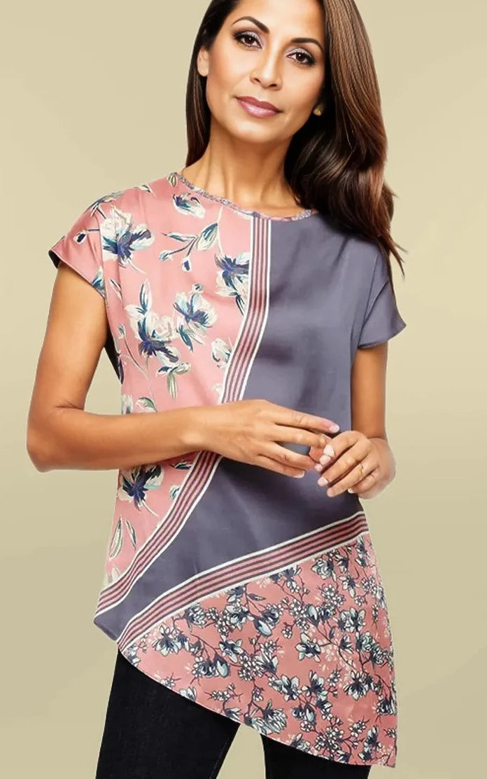 Phase Eight Floral Satin Top Pink/Steel / 6