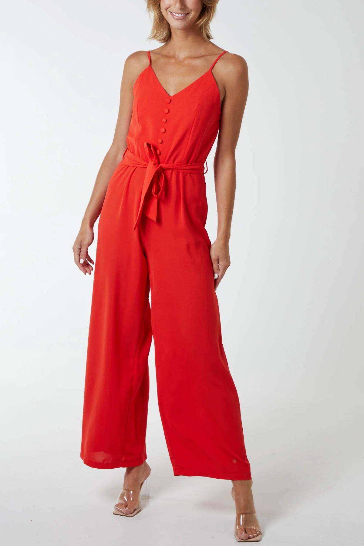 Red Strappy Button Down Jumpsuit