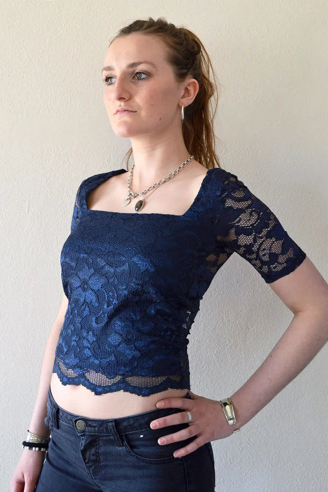 River Island Lace Short Sleeve Top Navy / 6