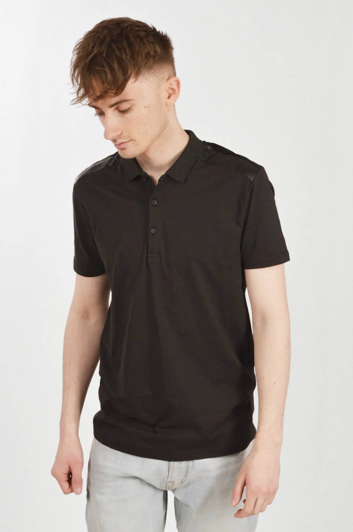 River Island Polo Shirt Contrast Shoulder Black / S