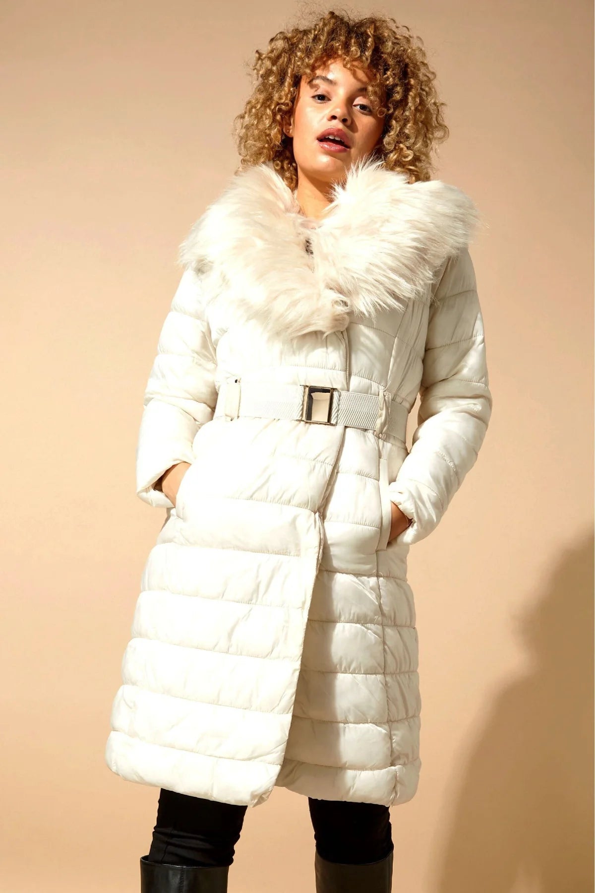 Roman Long Quilted Fur Collar Coat Ivory / 6