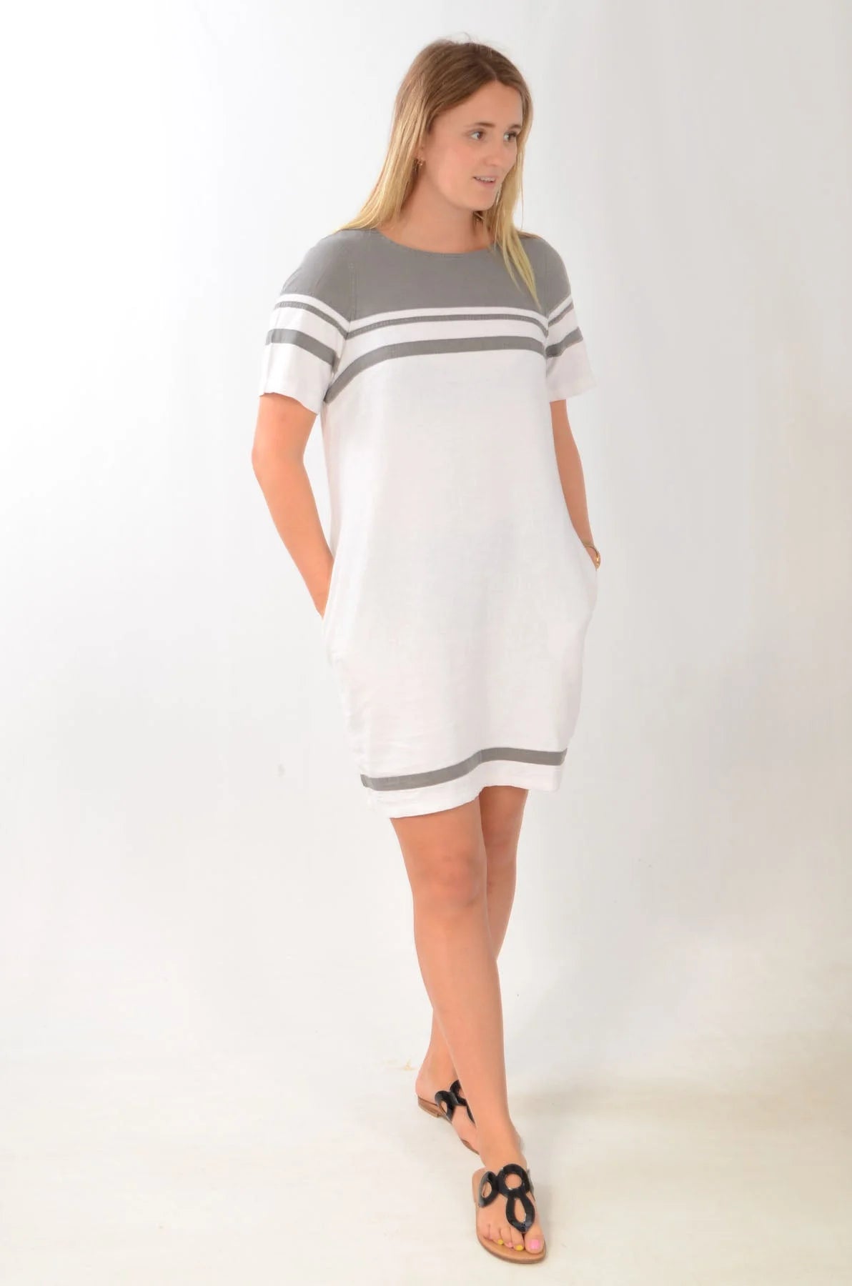 Secret Label Contrast Stripe Linen Dress Grey/White / 8 /