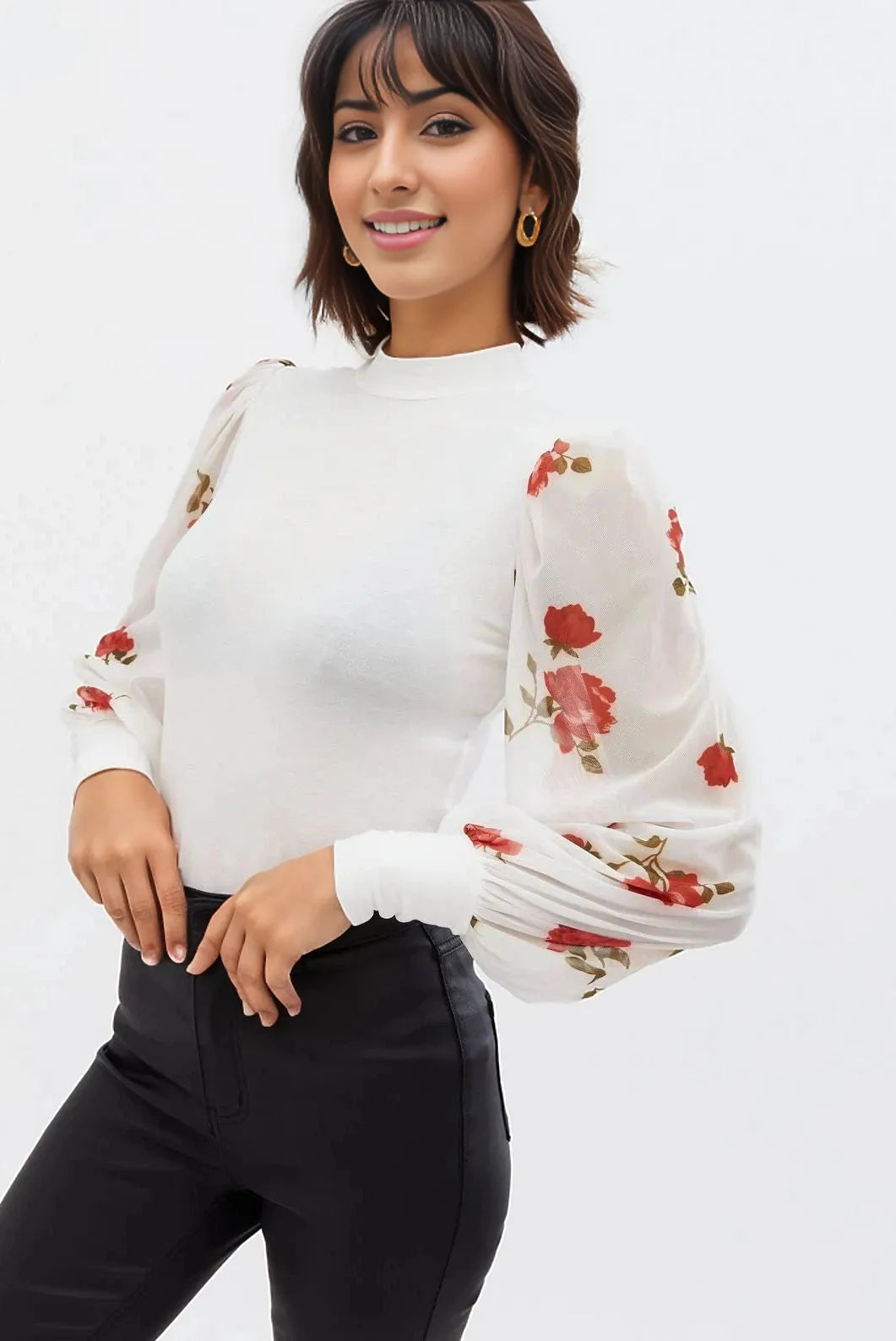 Secret Label Floral Mesh Puff Sleeve Top Ivory/Red / 6