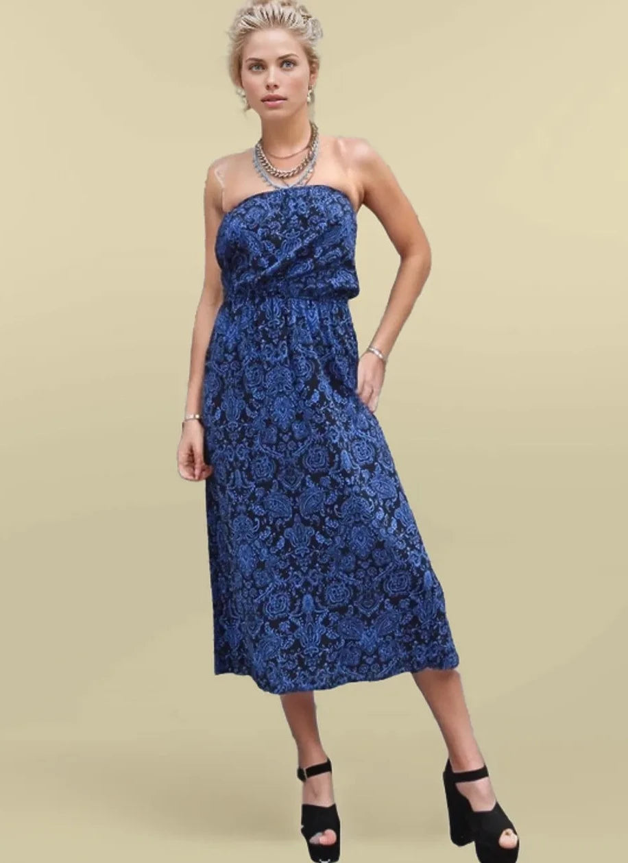 Secret Label Paisley Bandeau Ruched Dress Blue / 6
