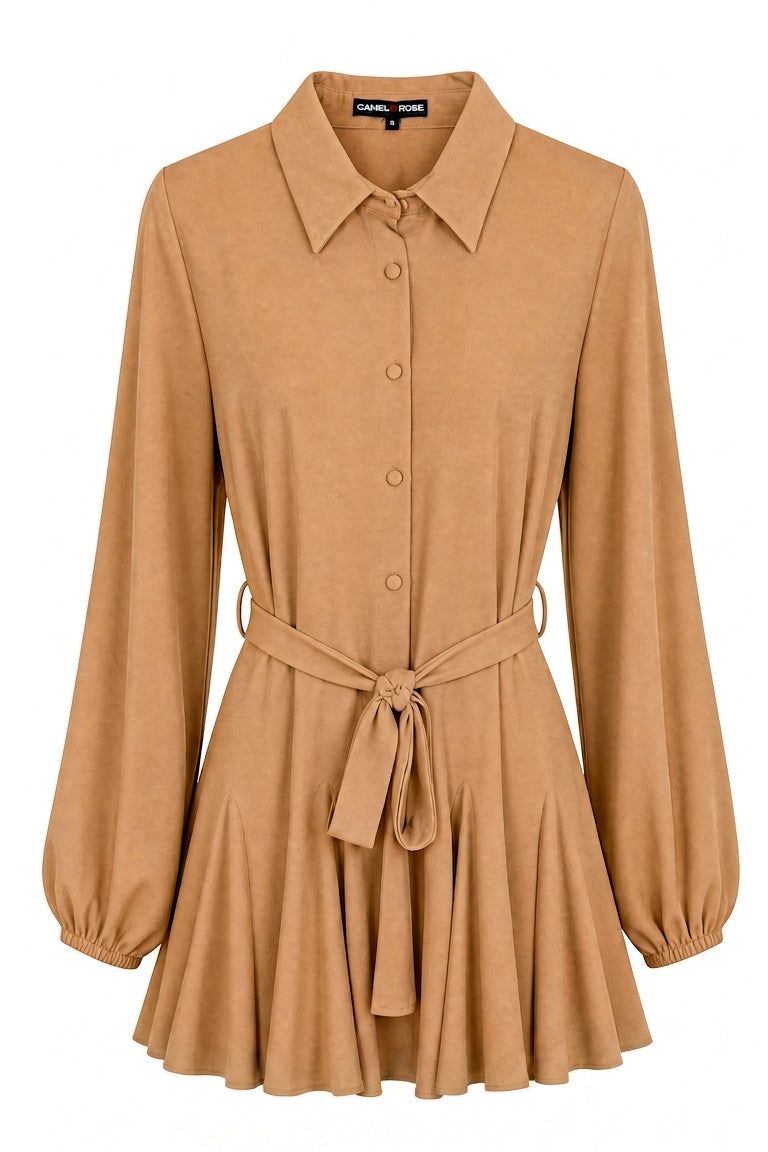 Beige Peplum Flare Longline Blouse