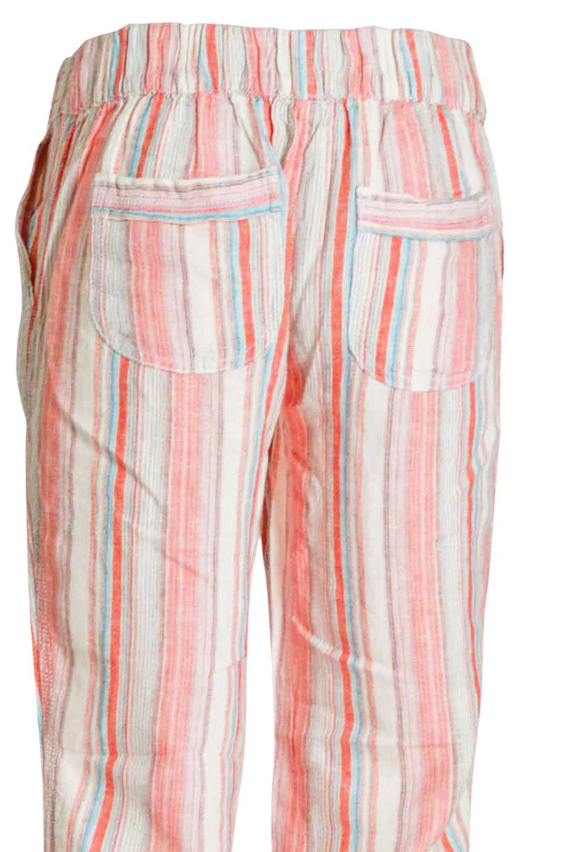 M&S Striped LInen Blend Trousers Pink/Ivory / 28 / Reg