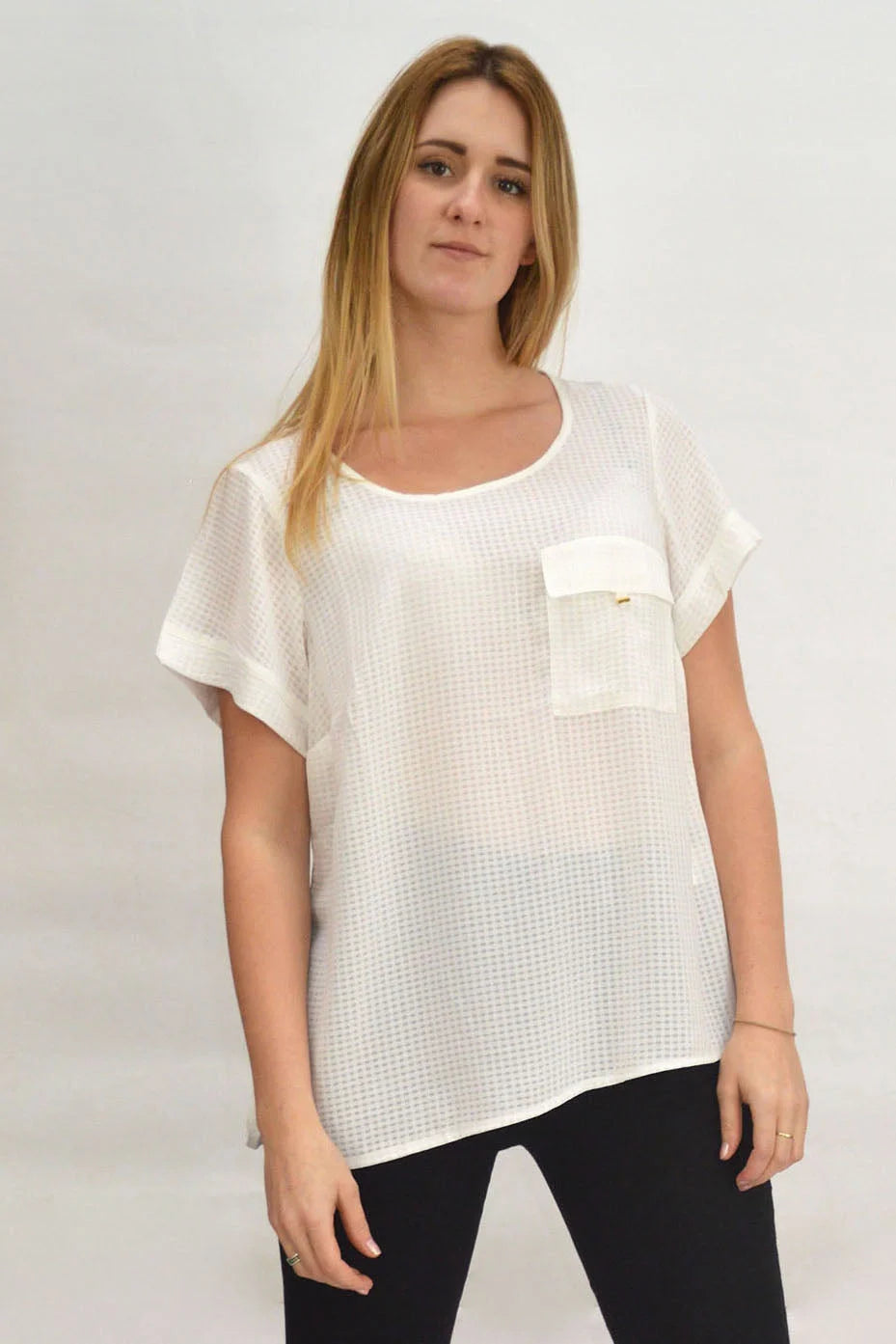 Threads Silky Scoop Neck Top Self Check Fabric
