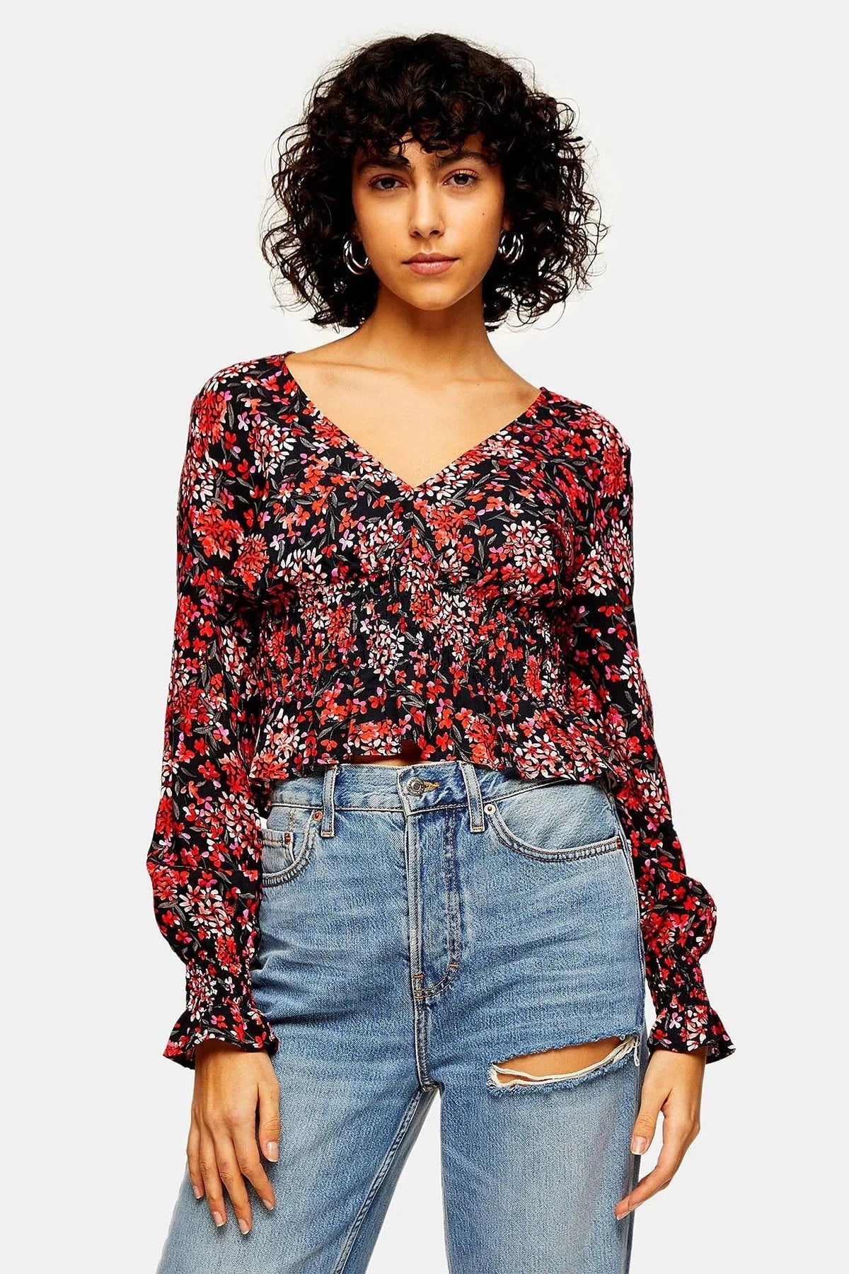 Topshop Long Sleeve Ruched Crop Blouse Black/Red / 4