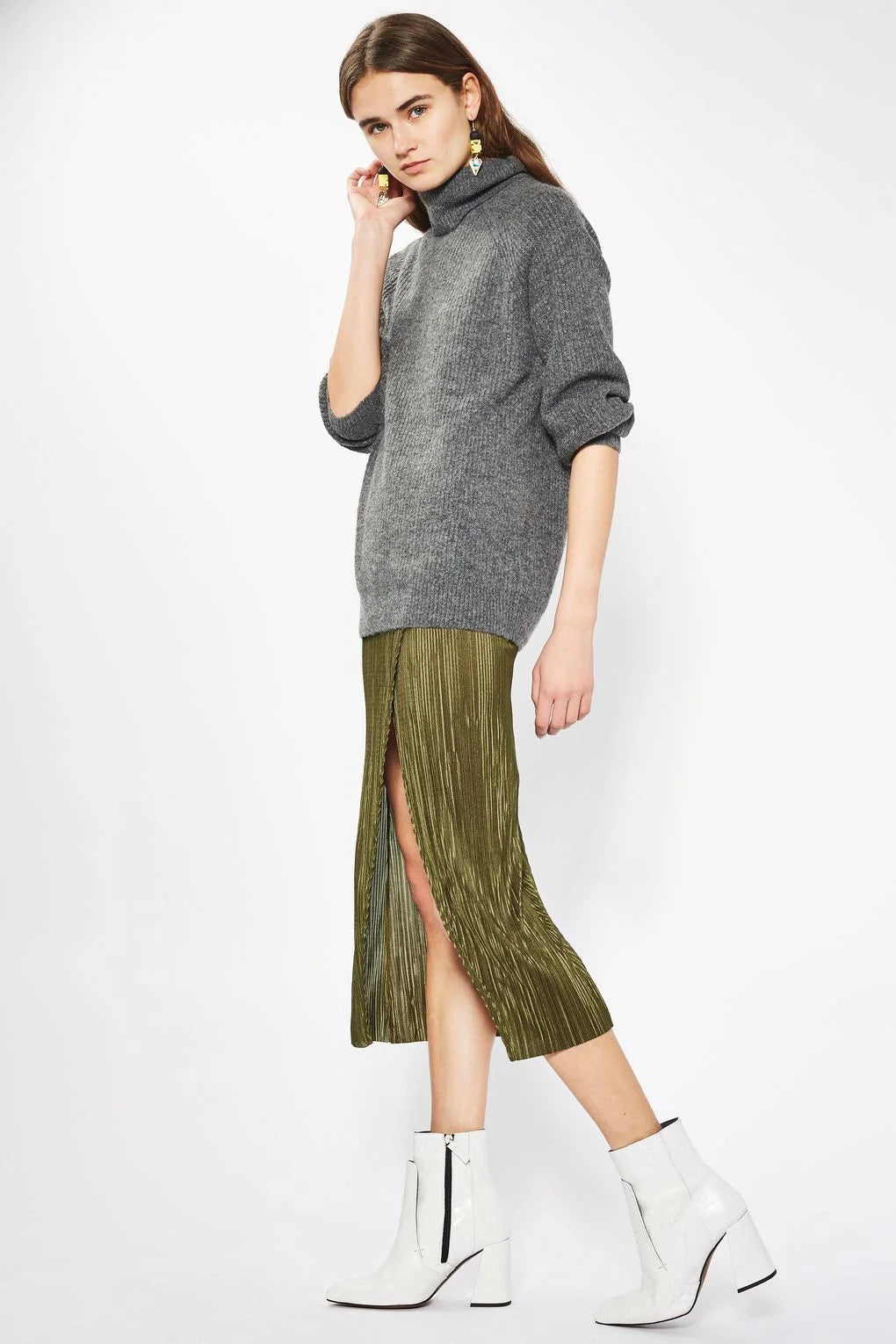 Topshop Plisse Wrap Midi Skirt Khaki / 6