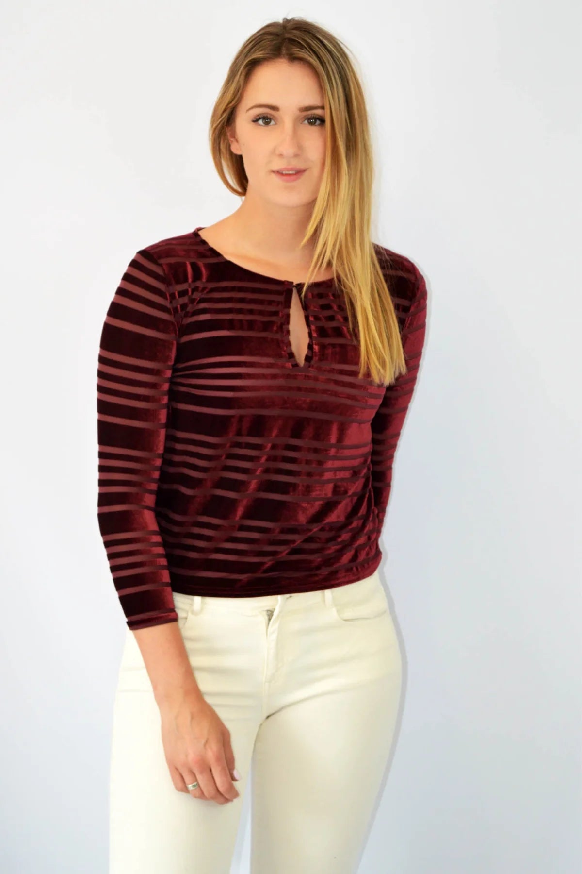Urban Outfitters Burnout Stripe Velour Top Red / XS