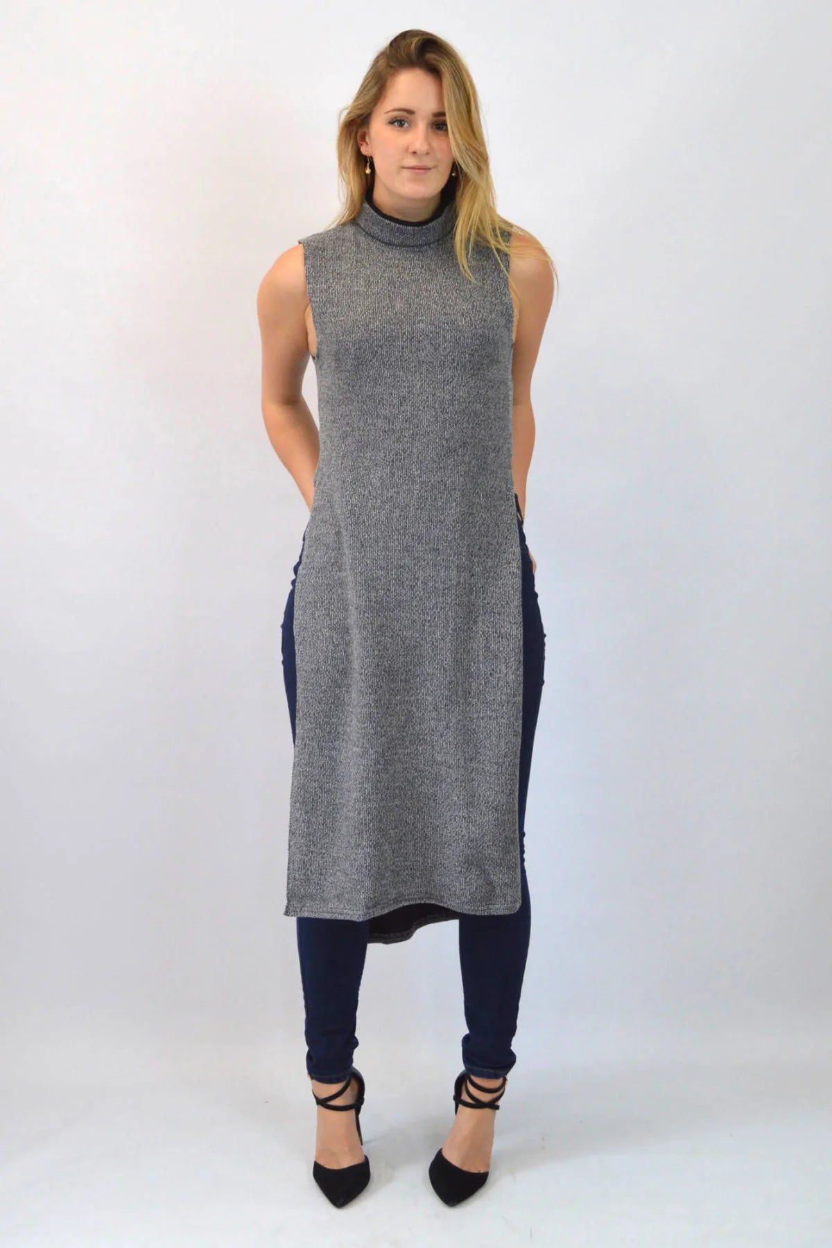 Urban Outfitters Roll Neck Ribbed Sleeveless Tunic Top Grey