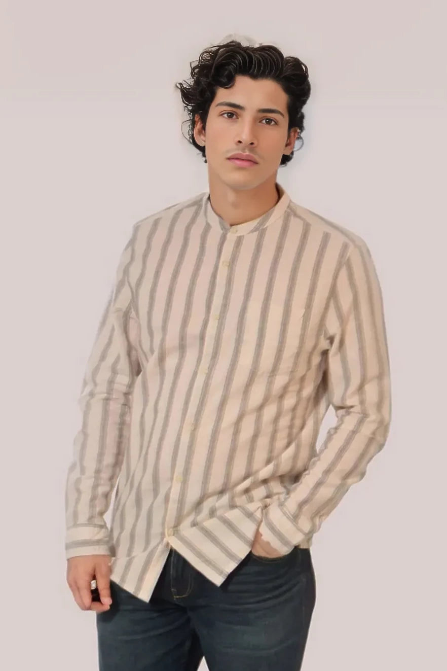 Warehouse Striped Grandad Collar Shirt Ivory / S