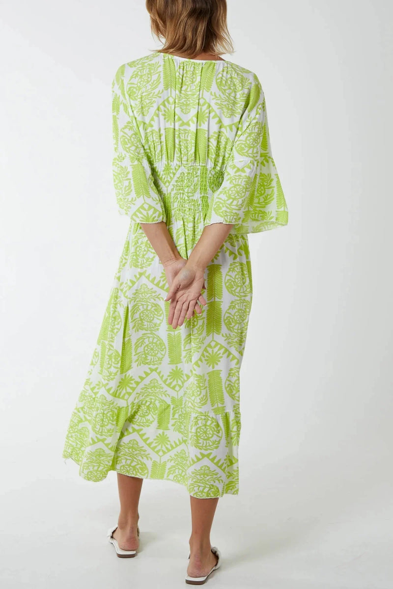 White Island Summer Print Shirred Midi Dress