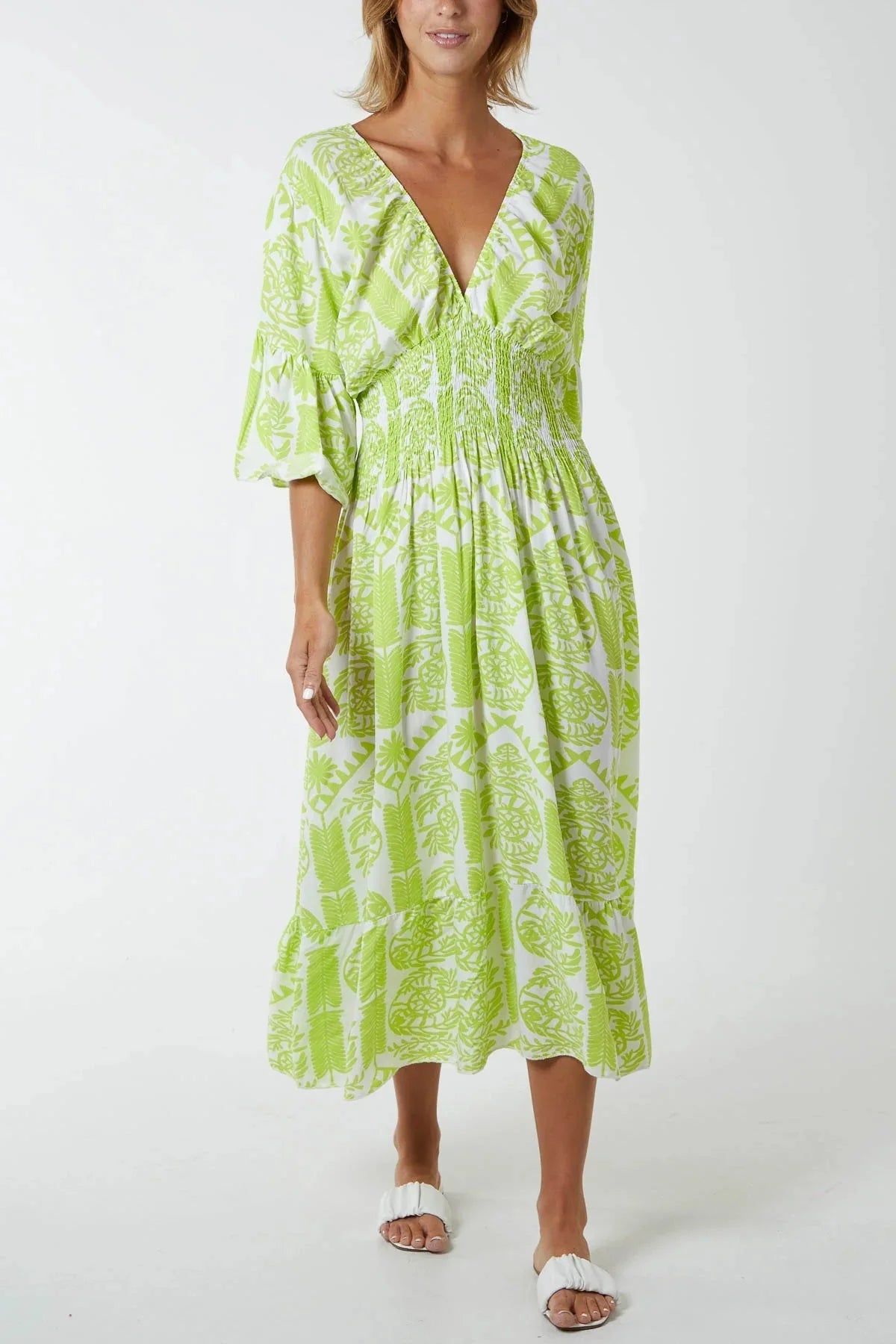 White Island Summer Print Shirred Midi Dress Lime Green /