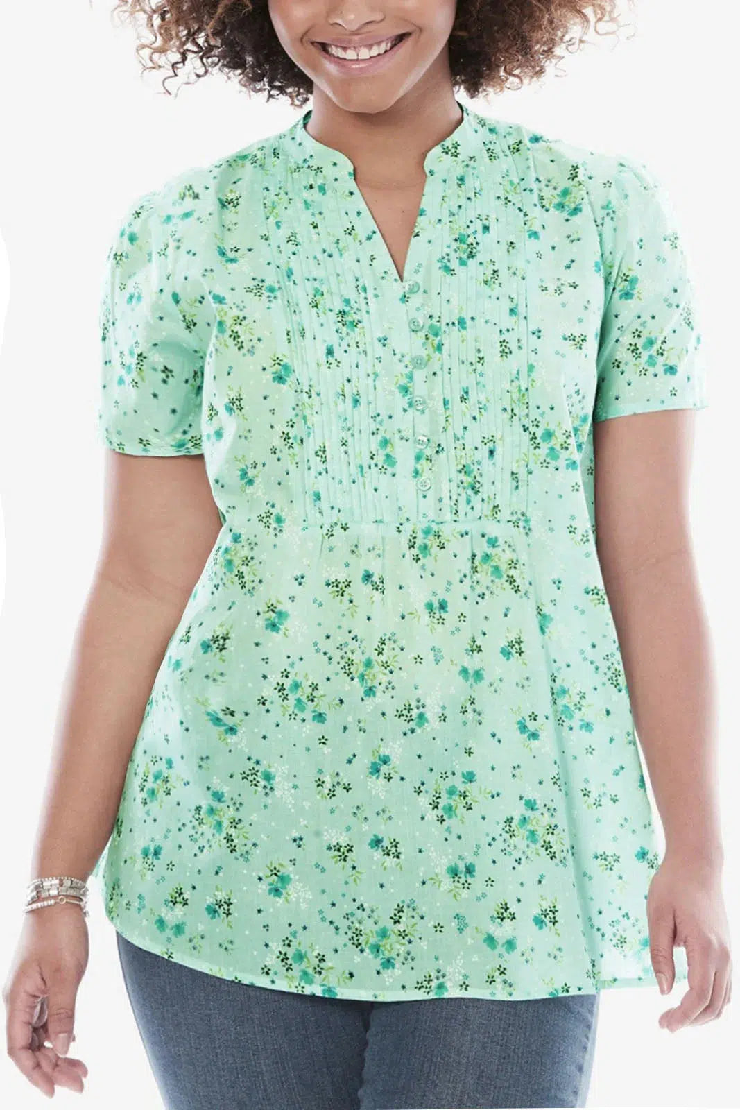 Woman Within Floral Tuck Front Blouse Green Mix / 30/32